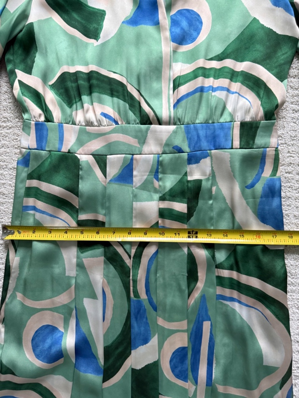 ZARA | Abstract Geometric Print Green, Cream & Blue Pleated Shirt Dress Sz L - Picture 5 of 10